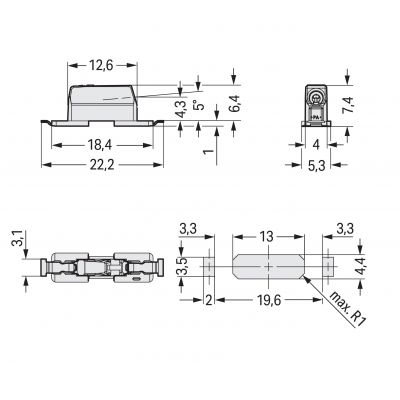 Złączka SMD-Through-Board do pł.druk. 0,75mm2 raster 6,5mm 1-bieg. biała /954szt./ WAGO (2070-451/998-406)