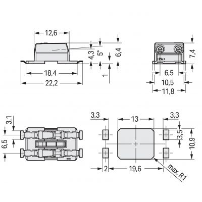 Złączka SMD-Through-Board do pł.druk. 0,75mm2 raster 6,5mm 2-bieg. biała /477szt./ WAGO (2070-452/998-406)