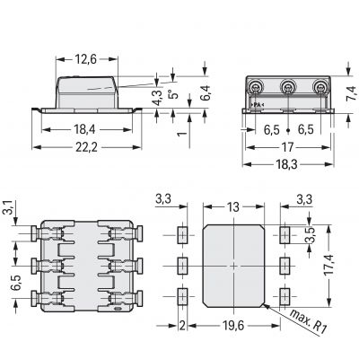 Złączka SMD-Through-Board do pł.druk. 0,75mm2 raster 6,5mm 3-bieg. biała /318szt./ WAGO (2070-463/998-406)