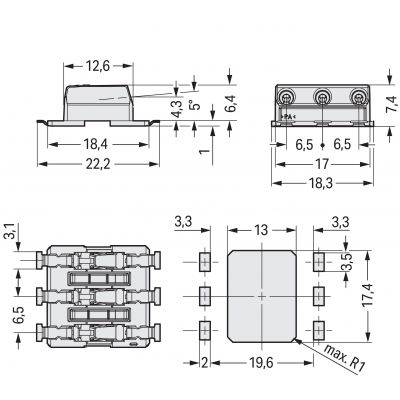 Złączka SMD-Through-Board do pł.druk. 0,75mm2 raster 6,5mm 3-bieg. biała /318szt./ WAGO (2070-453/998-406)