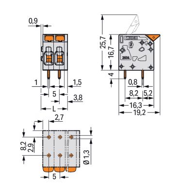 Złączka do płytek drukowanych dźwignia 4mm2 RM 5mm 2-bieg szara /170szt./ WAGO (2604-1102)