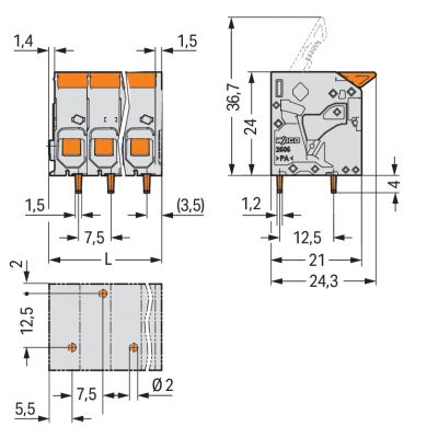 Złączka do płytek drukowanych dźwignia 6mm2 RM 7,5mm 5-bieg szara /50szt./ WAGO (2606-1105/010-000)