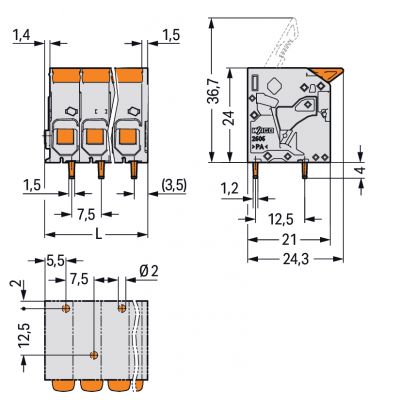 Złączka do płytek drukowanych dźwignia 6mm2 RM 7,5mm 7-bieg szara /35szt./ WAGO (2606-1107/020-000)