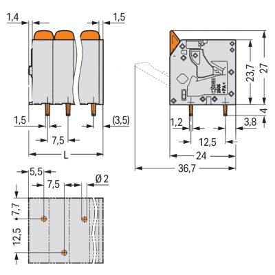 Złączka do płytek drukowanych dźwignia 6mm2 RM 7,5mm 2-bieg szara /120szt./ WAGO (2606-3102/020-000)