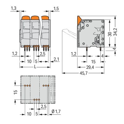 Złączka do płytek drukowanych dźwignia 16mm2 RM 10mm 4-bieg szara /25szt./ WAGO (2616-3104/020-000)