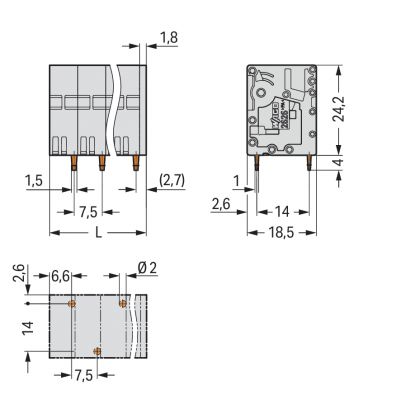 Złączka do płytek drukowanych 6mm2 RM 7,5mm 3-bieg szara /90szt./ WAGO (2626-3103/020-000)