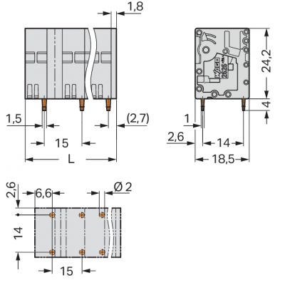 Złączka do płytek drukowanych 6mm2 raster 15mm 2-bieg szara /90szt./ WAGO (2626-3452)