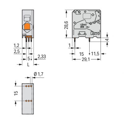 Złączka do płytek drukowanych 16mm2 RM 10mm 1-bieg szara /100szt./ WAGO (2636-1101)