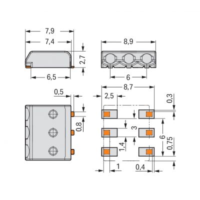 Złączka SMD do płytek drukowanych 0,5mm2 raster 3mm 3-bieg. biała /1750szt./ WAGO (2059-303/998-403)