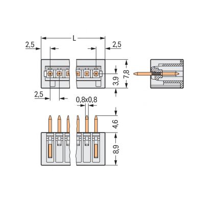 Wtyk THT Pin lutowniczy 0,8x0,8mm konstrukcja prosta jasnoszary /200szt./ WAGO (733-337)