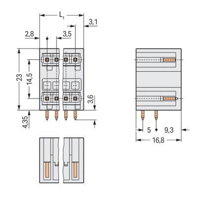 Wtyk dwupiętrowy THT 1.0x1.0mm solder pin konstrukcja kątowa jasnoszary /50szt./ WAGO (734-407)