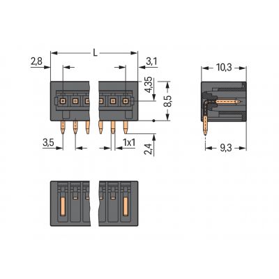 Wtyk THR Pin lutowniczy 1,0x1,0mm konstrukcja kątowa czarny /100szt./ WAGO (734-168/105-604)
