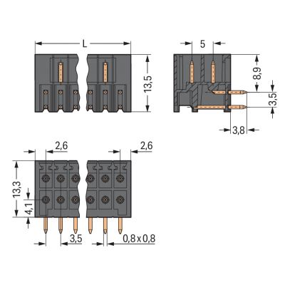 Wtyk THT 2-rzędowy Pin lutowniczy 0,8x0,8mm konstrukcja kątowa czarny /25szt./ WAGO (713-1433)