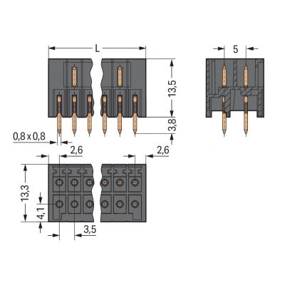 Wtyk THT 2-rzędowy Pin lutowniczy 0,8x0,8mm konstrukcja prosta czarny /25szt./ WAGO (713-1408)