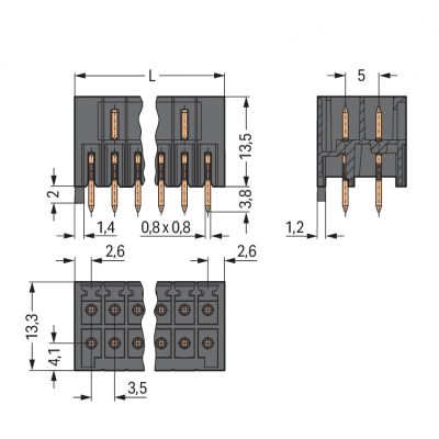 Wtyk THT 2-rzędowy Pin lutowniczy 0,8x0,8mm konstrukcja prosta czarny /25szt./ WAGO (713-1473)