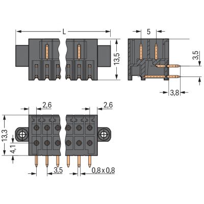 Wtyk THT 2-rzędowy Pin lutowniczy 0,8x0,8mm konstrukcja kątowa czarny /50szt./ WAGO (713-1423/107-000)