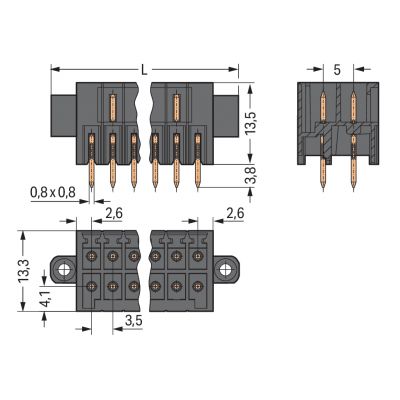 Wtyk THT 2-rzędowy Pin lutowniczy 0,8x0,8mm konstrukcja prosta czarny /25szt./ WAGO (713-1406/107-000)