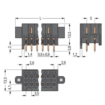 Wtyk THT 2-rzędowy Pin lutowniczy 0,8x0,8mm konstrukcja prosta czarny /25szt./ WAGO (713-1473/107-000)