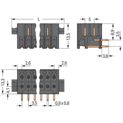 Wtyk THT 2-rzędowy Pin lutowniczy 0,8x0,8mm konstrukcja kątowa czarny /20szt./ WAGO (713-1433/037-000)