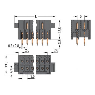 Wtyk THT 2-rzędowy Pin lutowniczy 0,8x0,8mm konstrukcja prosta czarny /25szt./ WAGO (713-1408/037-000)