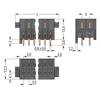 Wtyk THT 2-rzędowy Pin lutowniczy 0,8x0,8mm konstrukcja prosta czarny /20szt./ WAGO (713-1475/037-000)