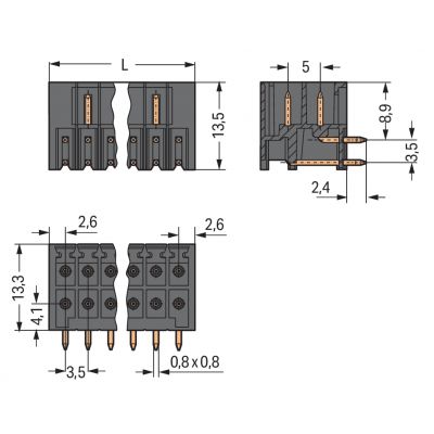 Wtyk THR 2-rzędowy Pin lutowniczy 0,8x0,8mm konstrukcja kątowa czarny /50szt./ WAGO (713-1424/105-000)