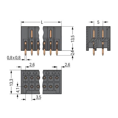 Wtyk THR 2-rzędowy Pin lutowniczy 0,8x0,8mm konstrukcja prosta czarny /25szt./ WAGO (713-1413/105-000)