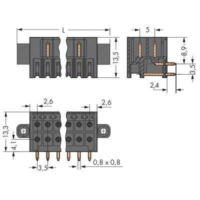 Wtyk THR 2-rzędowy Pin lutowniczy 0,8x0,8mm konstrukcja kątowa czarny /10szt./ WAGO (713-1438/117-000)