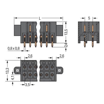 Wtyk THR 2-rzędowy Pin lutowniczy 0,8x0,8mm konstrukcja prosta czarny /20szt./ WAGO (713-1413/117-000)