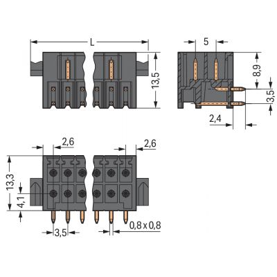 Wtyk THR 2-rzędowy Pin lutowniczy 0,8x0,8mm konstrukcja kątowa czarny /50szt./ WAGO (713-1424/116-000)