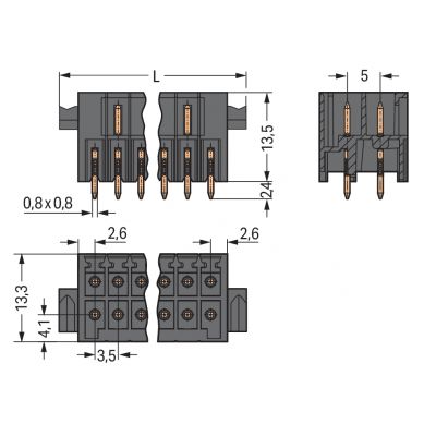 Wtyk THR 2-rzędowy Pin lutowniczy 0,8x0,8mm konstrukcja prosta czarny /20szt./ WAGO (713-1412/116-000)