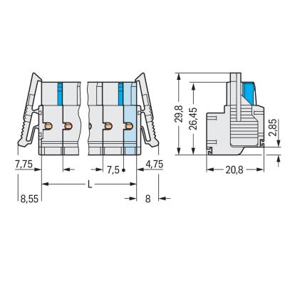 2-przewodowe gniazdo Push-in CAGE CLAMP pełna ochrona przed błędnym wetknięciem jasnoszary /50szt./ WAGO (721-2204/037-000)