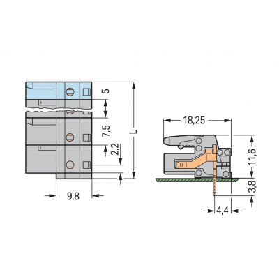 Gniazdo THT Pin lutowniczy 0,6x1,0mm konstrukcja kątowa szare /100szt./ WAGO (232-832/045-000)