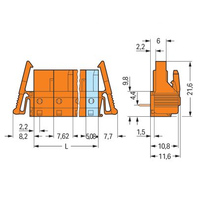 Gniazdo THT 0.6x1.0mm solder pin konstrukcja kątowa pomarańczowe /10szt./ WAGO (232-872/039-000)