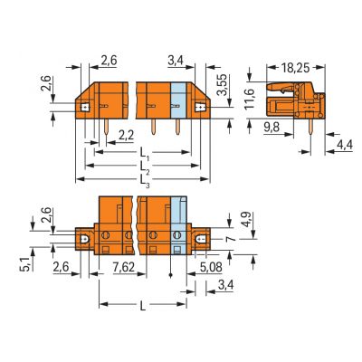 Gniazdo THT 0.6x1.0mm solder pin konstrukcja kątowa pomarańczowe /25szt./ WAGO (232-870/031-000)