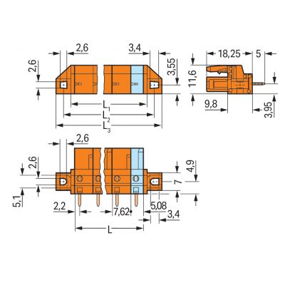 Gniazdo THT Pin lutowniczy 0,6x1,0mm konstrukcja prosta pomarańczowa /50szt./ WAGO (232-765/031-000)