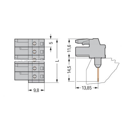 Gniazda do złączek listwowych Piny 0,6x1mm konstrukcja kątowa szara /100szt./ WAGO (232-235/005-000)