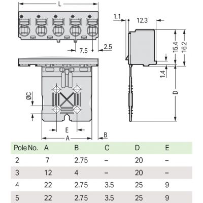 Gniazdo picoMAX raster 7,5mm 3-biegunowe z płytką uchwytową 2092-3103 /100szt./ WAGO (2092-3103)