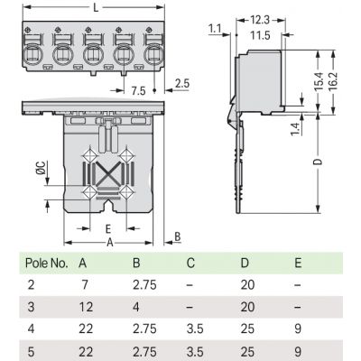 Gniazdo picoMAX raster 7,5mm 3-biegunowe z płytką uchwytową i suwakiem 2092-3103/002-000 /100szt./ WAGO (2092-3103/002-000)
