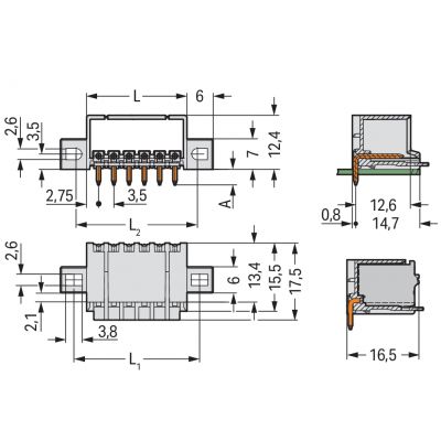 Wtyk THT pin lutowniczy Ø 1mm konstrukcja kątowa jasnoszary /100szt./ WAGO (2091-1426/005-000)