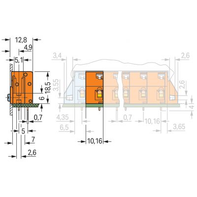 Modularna złączka do płytek drukowanych przycisk 2,5mm2 RM 10,16mm 1-bieg pomarańczowa /100szt./ WAGO (741-913)
