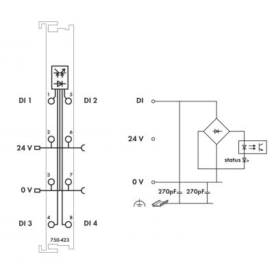 4-kanałowe wejście dwustanowe 24V AC/DC 50ms styki mocy WAGO (750-423)