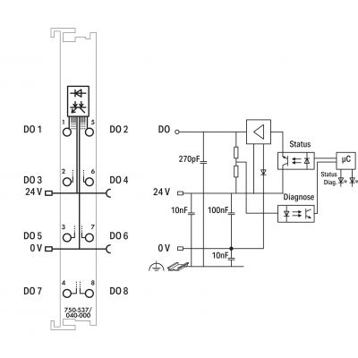 8-kanałowe wyjście dwustanowe 24V DC 0,5A diagnostyka XTR WAGO (750-537/040-000)