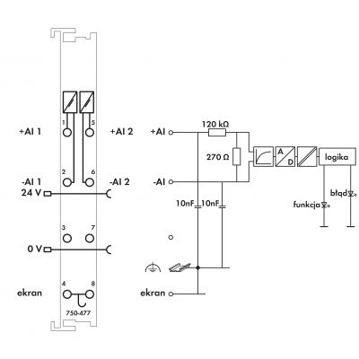 2-kanałowe wejście analogowe 0-10 VAC/VDC Diff jasnoszare WAGO (750-477)