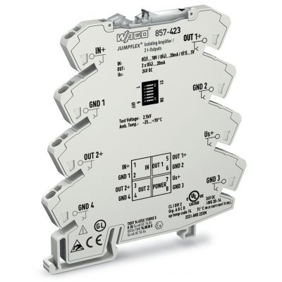 Przetwornik separacyjny ze wzmocnieniem prądowy i napięciowy sygnał wejściowy 2xprądowy sygnał wyjściowy napięcie zasilania 24V DC szerokość 6mm 2,50mm2 WAGO (857-423)
