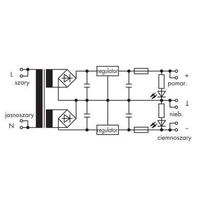 Zasilacz stabilizowany napięcie wejściowe 230V AC napięcie wyjściowe ±15V DC prąd wyjściowy 2x0,5A w podstawce montażowej 2,50mm2 WAGO (288-815)
