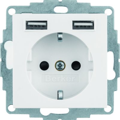 BERKER B.x Gniazdo SCHUKO z gniazdem ładowania USB 2,4 A; samozaciski; biały połysk 48038989 HAGER (48038989)