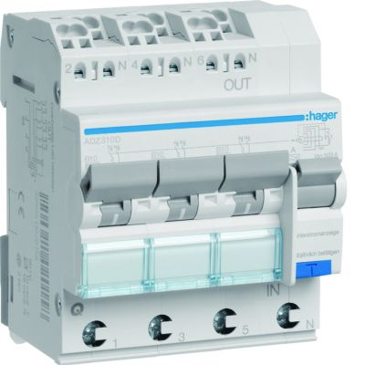RCBO Wyłącznik różnicowoprądowy z czł. nadpr. 3x1P+N 6kA B10A 30mA Typ A QC/QBB ADZ310D HAGER (ADZ310D)