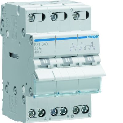 Modułowy przełącznik instalacyjny I-0-II punkt wspólny od góry 3P 40A 400VAC SFT340 HAGER (SFT340)