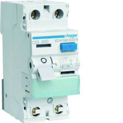 RCCB Wyłącznik różnicowoprądowy 1P+N 63A 30mA Typ A QuickConnect HAGER (CDS263D)